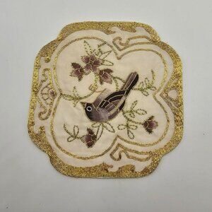 Handcrafted Decorative Embroidered Bird Coaster With Gold Accents